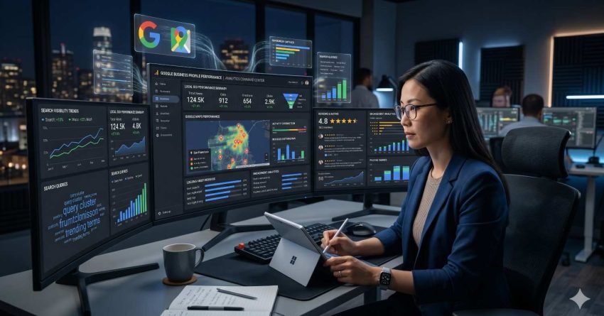 Google Business Profile analyst monitors local search performance from a multi-screen analytics workstation. Dashboards display search visibility trends, customer reviews, map rankings, business profile interactions, keyword data, traffic metrics, and geographic insights. The modern office setting emphasizes data-driven local SEO management, reputation monitoring, customer engagement, and business growth optimization.