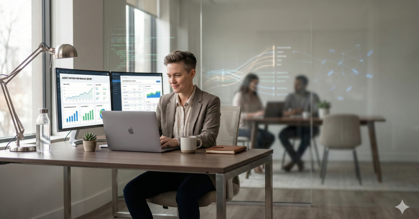SEO specialist working on a laptop at a modern office desk, with dual monitors displaying traffic growth and performance metrics, while team members collaborate in the background, representing data-driven SEO analysis, reporting, and professional digital marketing workflows.