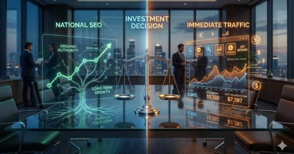 A split-screen boardroom illustration showing a scale labeled “Investment Decision,” with National SEO on the left represented by a glowing growth tree and backlink network, and Immediate Traffic on the right with ad spend dashboards, rising charts, and revenue figures, comparing long-term organic growth versus paid advertising results.