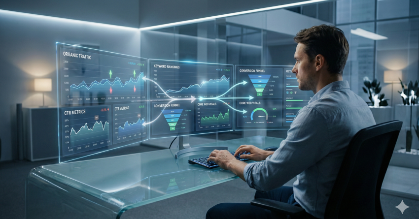 A digital marketer works at a glass desk, analyzing transparent SEO dashboards showing organic traffic, keyword rankings, CTR metrics, conversion funnels, and Core Web Vitals. The modern, high-tech office environment represents advanced performance monitoring and data-driven SEO optimization.