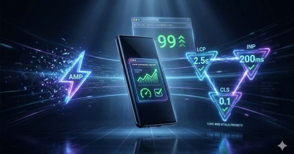 Futuristic illustration of a smartphone highlighting mobile SEO performance. Neon graphics display AMP, a 99 score, and Core Web Vitals metrics: LCP 2.5s, INP 200ms, and CLS 0.1. Glowing arrows and data streams emphasize speed, page experience, and optimized mobile performance.