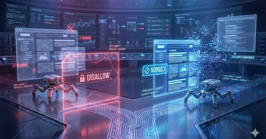 Futuristic visualization of search engine crawling and indexing, showing bots encountering robots.txt disallow rules and noindex tags, blocked and excluded pages, code snippets, and dashboards, illustrating how indexing directives prevent certain web pages from appearing in search results.