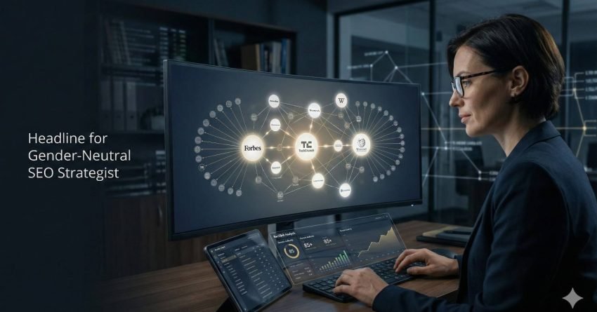 A professional works at a desk facing a large monitor showing a glowing backlink network with media logos and analytics dashboards, while text reads “Headline for Gender-Neutral SEO Strategist,” suggesting advanced link analysis and SEO strategy in a modern office.