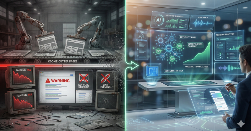 A split-screen SEO comparison shows outdated, automated content factories with ranking failures on the left, contrasted with a modern AI-driven SEO workspace on the right. The image highlights the shift from cookie-cutter tactics to data-driven, strategic SEO focused on authority, intent, and organic growth.