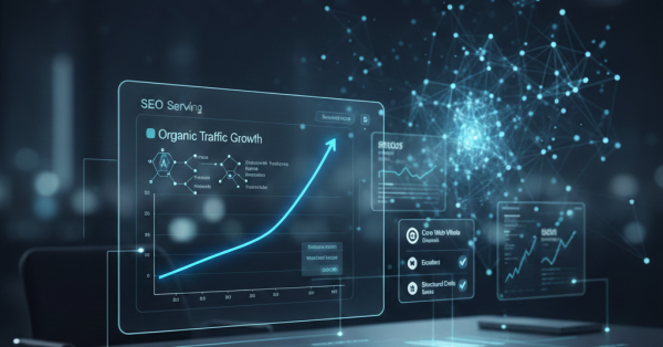 Futuristic SEO analytics dashboard showing organic traffic growth charts, upward performance graphs, and AI-driven data visualizations on a modern digital workspace, representing professional SEO services, search engine optimization strategy, and long-term organic growth in 2026.