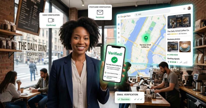 Business owner stands inside a busy coffee shop displaying a verified Google Business Profile on a smartphone. Visual overlays show Google Maps listings, customer reviews, business photos, local rankings, and verification methods including video, postcard, and email confirmation. The scene highlights local SEO success, online visibility, and customer trust.