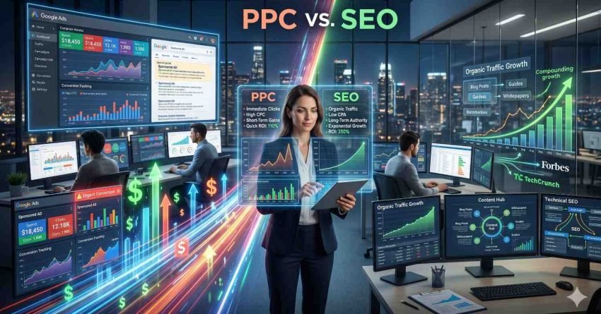 PPC vs SEO comparison infographic highlighting paid advertising and organic search marketing strategies. Dashboard visualizations show Google Ads performance, conversion tracking, ROI, keyword targeting, content marketing, technical SEO, and organic traffic growth. Demonstrates short-term PPC results versus long-term SEO-driven website visibility and lead generation.