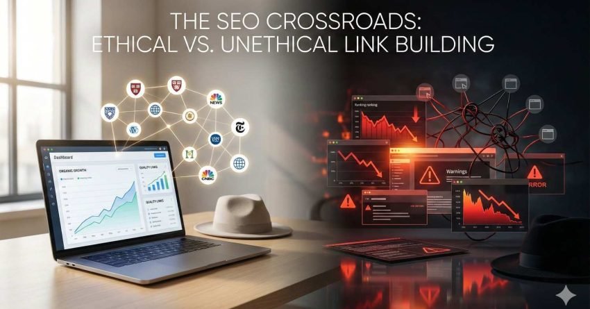 Image titled “The SEO Crossroads: Ethical vs. Unethical Link Building.” Left side shows a laptop with rising organic growth and trusted site logos. Right side displays red warning screens, declining graphs, tangled links, and error alerts, illustrating the contrast between sustainable SEO practices and risky tactics.