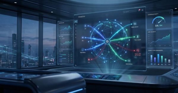 High-tech control room overlooking a nighttime city skyline, with curved glass displays showing analytics dashboards, a glowing backlink network map, domain authority score, traffic velocity graphs, and competitor comparisons, all rendered in neon blue and green futuristic interface styles.