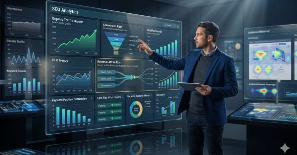 SEO analytics dashboard displaying organic traffic growth, conversion rate optimization, CTR trends, keyword rankings, backlink authority metrics, Core Web Vitals, and revenue attribution analysis to measure SEO performance, improve search visibility, increase qualified leads, and drive business growth.