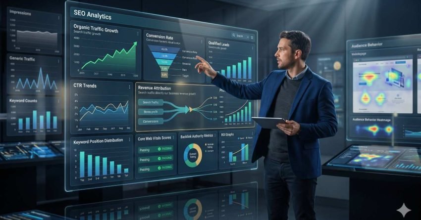 SEO analytics dashboard displaying organic traffic growth, conversion rate optimization, CTR trends, keyword rankings, backlink authority metrics, Core Web Vitals, and revenue attribution analysis to measure SEO performance, improve search visibility, increase qualified leads, and drive business growth.