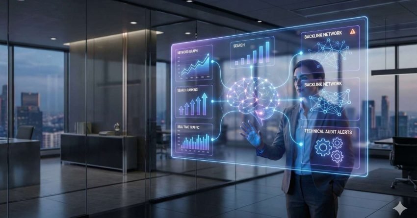 A business professional stands in a modern glass office, interacting with a glowing holographic SEO dashboard showing charts, backlink networks, traffic graphs, ranking metrics, and technical audit alerts, with a digital brain graphic at the center symbolizing AI-driven search analytics.