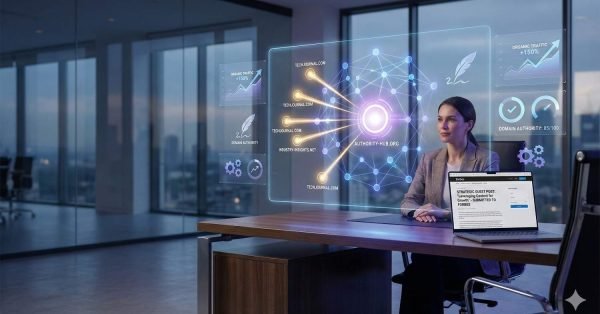 A professional woman sits at a desk in a modern office with a laptop, while a holographic display shows an “Authority Hub” network map connecting multiple domains. Floating panels highlight organic traffic growth and domain authority metrics, illustrating strategic link-building and SEO performance analysis.