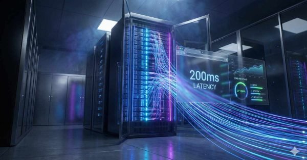 Modern data center with open server rack glowing in blue and purple lights. Streams of digital data flow outward to a floating dashboard displaying “200ms latency” and performance metrics, illustrating network speed, server response time, and optimized infrastructure monitoring.