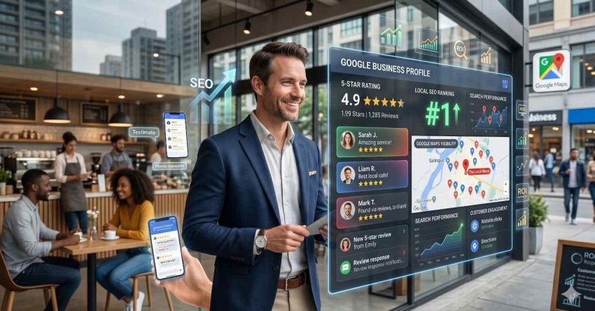 Business owner stands outside a busy café while reviewing a Google Business Profile dashboard displaying five-star reviews, local SEO rankings, map visibility, customer engagement, and search performance metrics. Mobile review notifications and analytics overlays highlight reputation management, local search success, customer trust, and increased business growth through optimization.