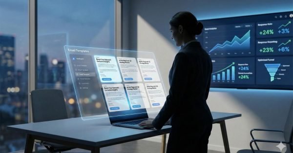 Businesswoman standing at a desk using a laptop with a transparent interface showing email templates, while large screens behind display rising analytics charts, response rates, and funnel metrics, suggesting marketing automation and performance tracking in a modern office at night.