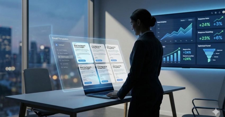 Businesswoman standing at a desk using a laptop with a transparent interface showing email templates, while large screens behind display rising analytics charts, response rates, and funnel metrics, suggesting marketing automation and performance tracking in a modern office at night.
