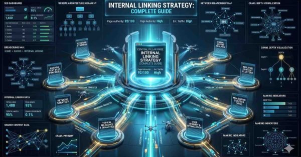 Internal linking strategy SEO infographic showing pillar page architecture, topic clusters, anchor text optimization, PageRank flow, crawl depth analysis, keyword relationships, website hierarchy, and ranking metrics. Visual guide to improving site structure, user navigation, search engine crawling, and organic search performance.