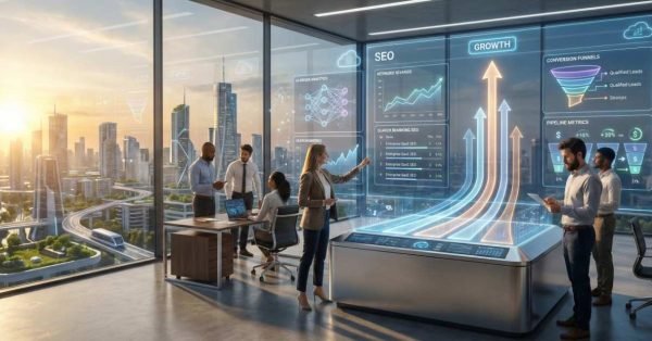 A modern office overlooking a futuristic city skyline where a team reviews large transparent digital screens labeled SEO and Growth, showing rising arrows, conversion funnels, and analytics dashboards, as colleagues discuss data around a central interactive table bathed in warm sunset light.