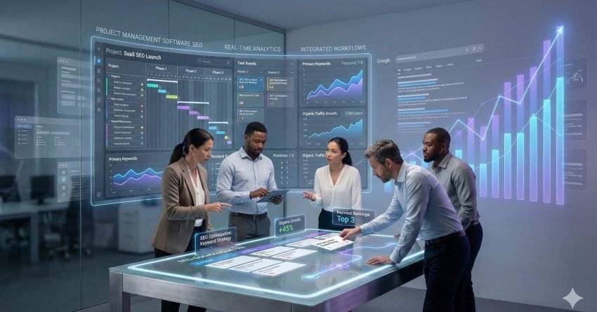 A diverse team collaborates around a glowing interactive table in a modern office, reviewing holographic SEO dashboards, keyword rankings, traffic graphs, project timelines, and rising analytics charts projected on glass walls during a digital marketing strategy meeting.