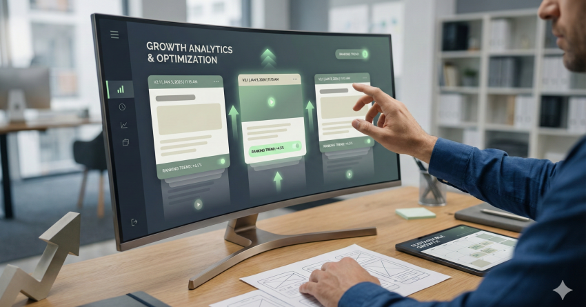 A professional reviews a growth analytics and optimization dashboard on a widescreen monitor, pointing at ranking trend cards with upward arrows. The modern workspace and interface represent continuous SEO optimization, performance tracking, and data-driven improvements for organic growth.