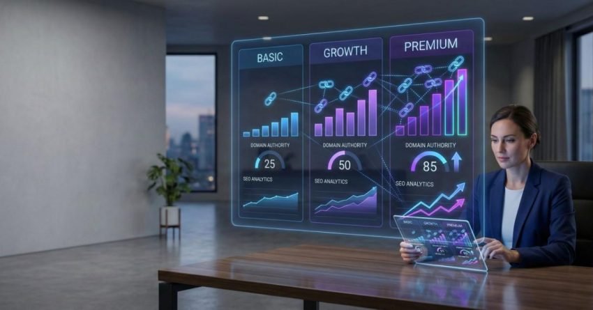 A businesswoman sits at a desk in a modern office, viewing a transparent digital display showing SEO plans labeled Basic, Growth, and Premium. The holographic charts highlight domain authority scores, analytics graphs, and backlink icons, illustrating performance growth across different service tiers.