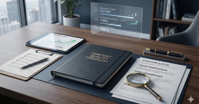 A desk scene shows a “Content Quality Checklist” notebook, printed review sheets, a magnifying glass, tablet with growth charts, and a floating dashboard displaying readability score, engagement metrics, and top search ranking, set in a modern office with bookshelves and city views.