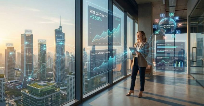 Professional woman in a modern office overlooking a city skyline studies holographic marketing dashboards showing ROI growth, social media engagement, automation, conversion rates, and SEO metrics, with glowing data networks connecting buildings at sunset.