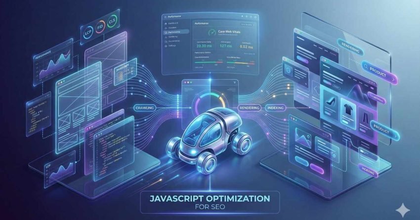 Futuristic illustration titled “JavaScript Optimization for SEO” showing a robotic car connecting website code panels, Core Web Vitals dashboard, crawling, rendering, and indexing processes. Visualizes data flow between scripts and e-commerce pages, highlighting performance metrics and improved search optimization.