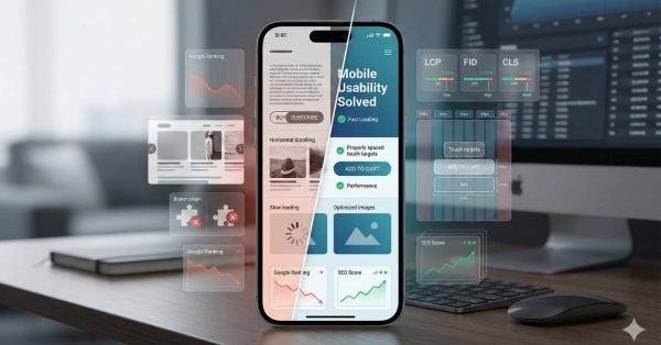 A smartphone on a desk displays a mobile optimization interface split into “before” and “after” views. Floating UI panels show SEO metrics like LCP, FID, CLS, Google ranking graphs, touch targets, and performance improvements. A desktop monitor and keyboard sit blurred in the background.