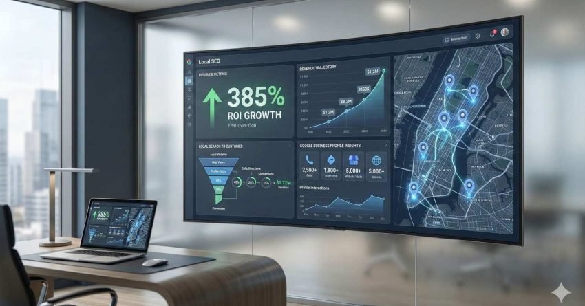 Modern office scene with a large wall display showing local SEO analytics, a city map with location pins, ROI growth of 385%, traffic charts, and Google Business Profile insights, alongside a desk with a laptop mirroring the dashboard.