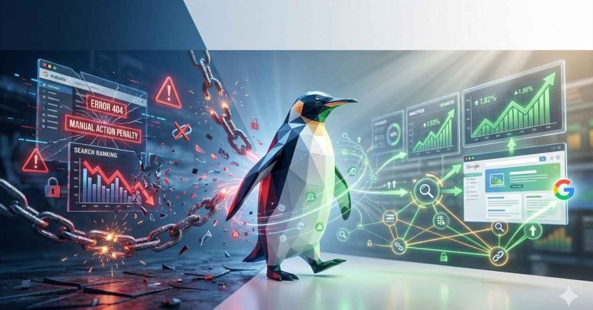 Split illustration showing a penguin breaking chains from error warnings and manual action penalties with falling rankings on one side, while the other side displays rising SEO graphs, search dashboards, and glowing network links symbolizing recovery and improved performance.