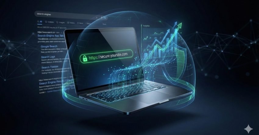 Laptop displaying a secure HTTPS URL with a padlock, surrounded by a protective digital shield. Background shows search engine results and rising analytics graphs, symbolizing improved SEO, encrypted browsing, cybersecurity protection, and website growth.