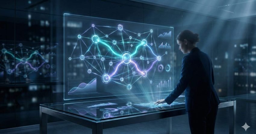 A professional stands in a dim, high-tech office interacting with a large transparent display showing glowing network nodes, flowing data connections, and analytics charts, suggesting advanced AI systems, data visualization, or digital marketing analysis in a futuristic workspace.