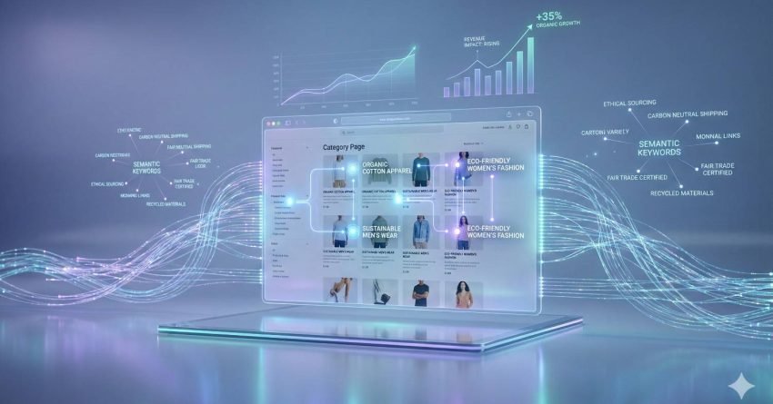 Futuristic SEO illustration showing an e-commerce category page with eco-friendly fashion products, glowing data streams labeled semantic keywords, rising revenue and organic growth charts, and digital analytics lines flowing across a sleek platform, symbolizing optimized subcategory SEO performance and sustainability focus.