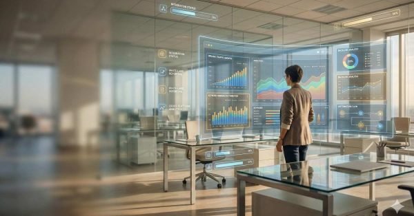 A modern office scene shows a person standing before large transparent digital dashboards displaying SEO and analytics data, growth charts, backlink analysis, automation flows, and integration status, reflected on glass tables and walls in a bright, high-tech workspace.