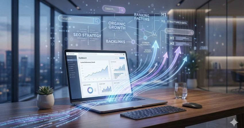 Modern office desk with a laptop displaying analytics dashboards, surrounded by floating SEO graphics like ranking factors, keywords, backlinks, structured data, and upward arrows, symbolizing organic growth and digital marketing strategy in a sleek, futuristic workspace.