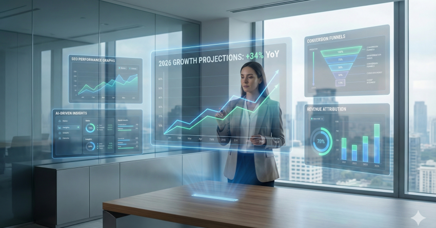 A business professional analyzes transparent digital dashboards showing SEO performance graphs, AI-driven insights, conversion funnels, and growth projections. The modern office setting with city views represents data-driven strategy, forecasting, and measurable digital marketing performance growth.