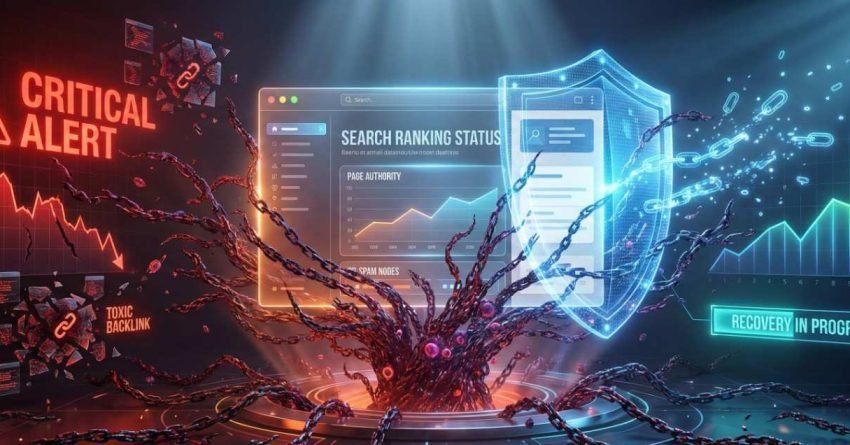 Futuristic illustration showing a website dashboard attacked by dark, chain-like tentacles labeled toxic backlinks and critical alert, with falling ranking graphs on one side and a glowing shield, rising chart, and “recovery in progress” text on the other.