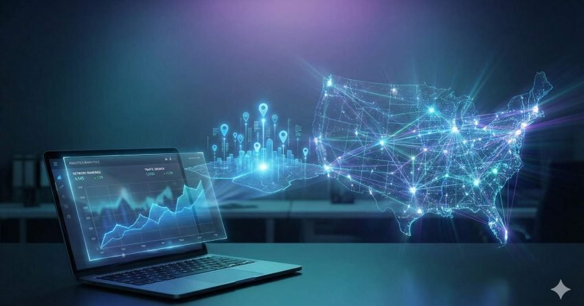 A futuristic workspace scene showing a laptop with upward-trending analytics charts projecting glowing location pins and a connected digital map of the United States, illustrating traffic growth, geographic targeting, and network-based SEO performance.