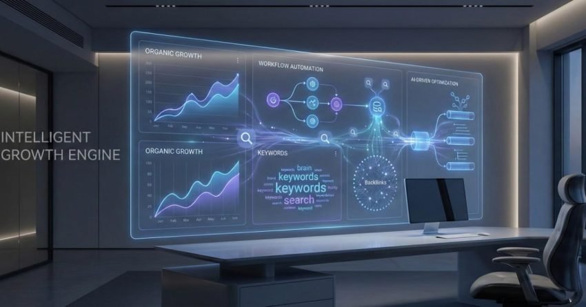 Futuristic office workspace featuring a large holographic analytics dashboard labeled “Intelligent Growth Engine,” displaying organic growth charts, keyword insights, workflow automation, AI-driven optimization, and backlink data, representing advanced SEO intelligence, automation, and data-driven strategies for scalable website growth.