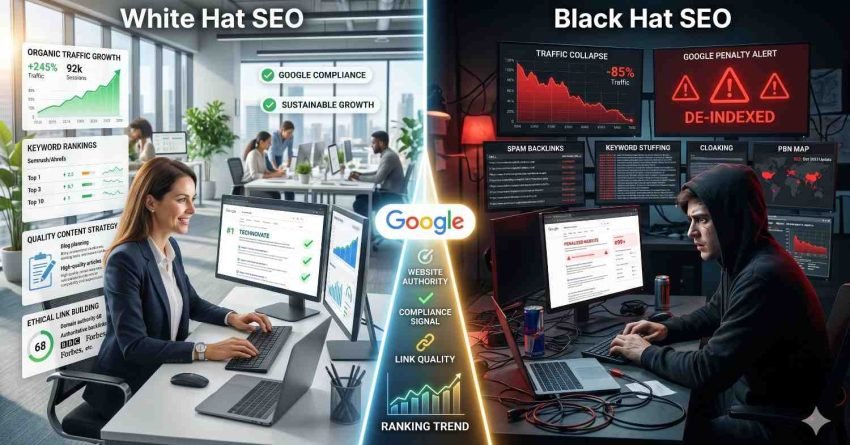 SEO comparison graphic contrasting white hat and black hat SEO practices. The left side highlights ethical strategies, quality content, sustainable growth, strong rankings, and Google compliance in a professional office setting. The right side illustrates risky tactics, penalties, traffic decline, de-indexing warnings, spam backlinks, and search visibility losses.