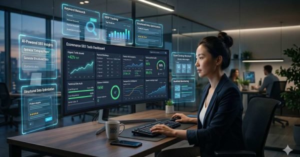 SEO professional analyzes ecommerce search performance using AI-powered optimization dashboards in a modern office. Interactive displays showcase keyword research, SERP tracking, structured data optimization, technical SEO audits, schema validation, backlink monitoring, and organic traffic growth. The workspace highlights data-driven decision-making, automation, website optimization, and scalable ecommerce search visibility improvements.
