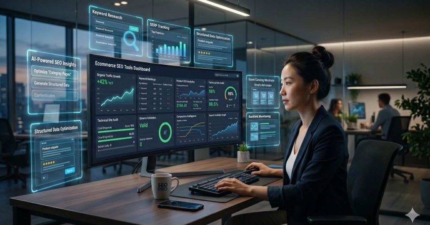 SEO professional analyzes ecommerce search performance using AI-powered optimization dashboards in a modern office. Interactive displays showcase keyword research, SERP tracking, structured data optimization, technical SEO audits, schema validation, backlink monitoring, and organic traffic growth. The workspace highlights data-driven decision-making, automation, website optimization, and scalable ecommerce search visibility improvements.
