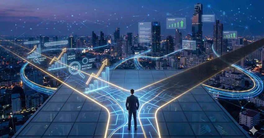 A futuristic cityscape at dusk showing a person standing on a glowing digital crossroads above skyscrapers, with holographic SEO dashboards, ranking arrows, traffic charts, and network lines flowing across the skyline, symbolizing strategic decisions and growth in national search optimization.