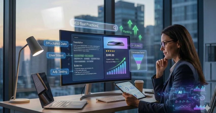A professional works at a desk with city views while transparent screens show SEO best practices, structured data, JSON-LD, ranking arrows, product pricing, conversion funnel, A/B testing, and analytics dashboards, illustrating data-driven ecommerce optimization and search performance strategy.