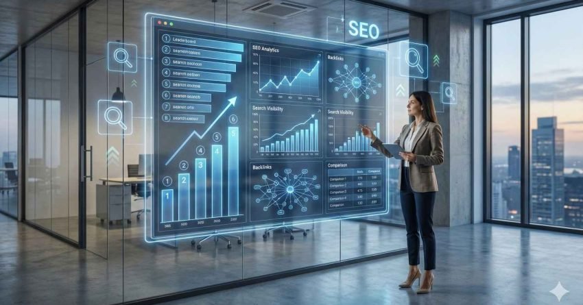 A businesswoman stands in a glass-walled office presenting a glowing holographic SEO dashboard with ranking charts, backlinks networks, search visibility graphs, and upward arrows, overlooking a city skyline at dusk while pointing at performance analytics panels.