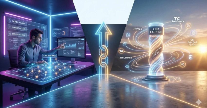 Split-scene illustration comparing link building and link earning. Left shows a man using outreach emails and data tools to build links. Right shows a glowing pillar labeled “Link Earning” surrounded by major media logos, symbolizing organic authority growth through exceptional content.
