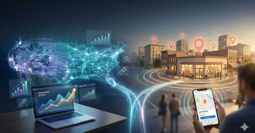 A split digital scene showing national SEO on the left with a glowing U.S. network map and laptop displaying growth charts, and local SEO on the right with storefronts, location pins, and a smartphone map search, illustrating broad visibility versus neighborhood-focused discovery.