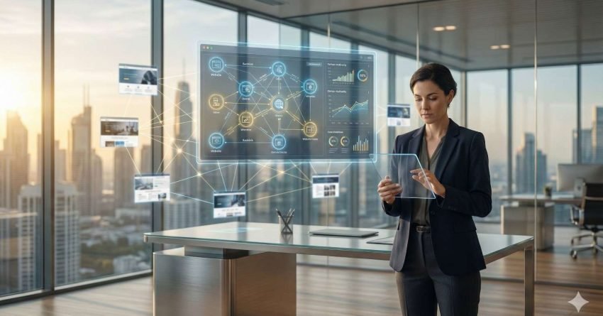 A professional in a high-rise office uses a transparent tablet while holographic analytics dashboards and connected data nodes float above a desk, with a city skyline visible through floor-to-ceiling windows at sunset, suggesting futuristic business intelligence and digital strategy.